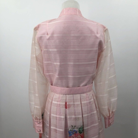 Vintage 60s Pink Stripe Floral Maxi Dress Roses Sheer Layered Mad Men Belted SzS - Picture 5 of 12